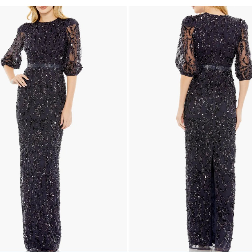 Mac Duggal 93790 Sequined Elbow Sleeve Midnight Dark Navy Gown Sz 16
